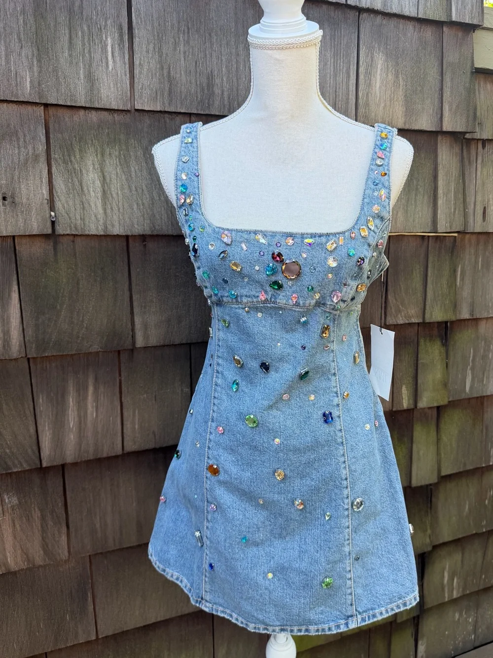 ZARA blue denim mini dress with rhinestones sleeveless Sz M NWT. - Picture 1 of 11